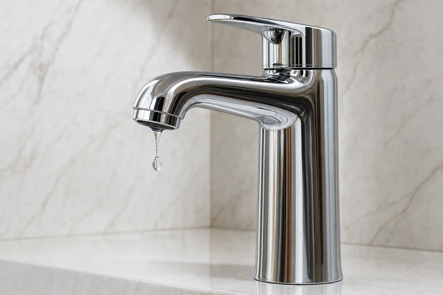Robinet chromé avec une goutte d'eau